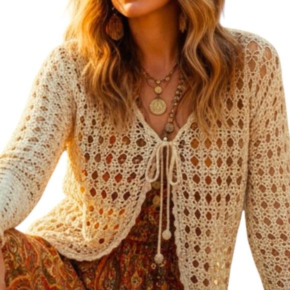 Premiere Collection Cream Crochet Boho Cardigan Cottagecore Long Sleeve Medium - Picture 11 of 11